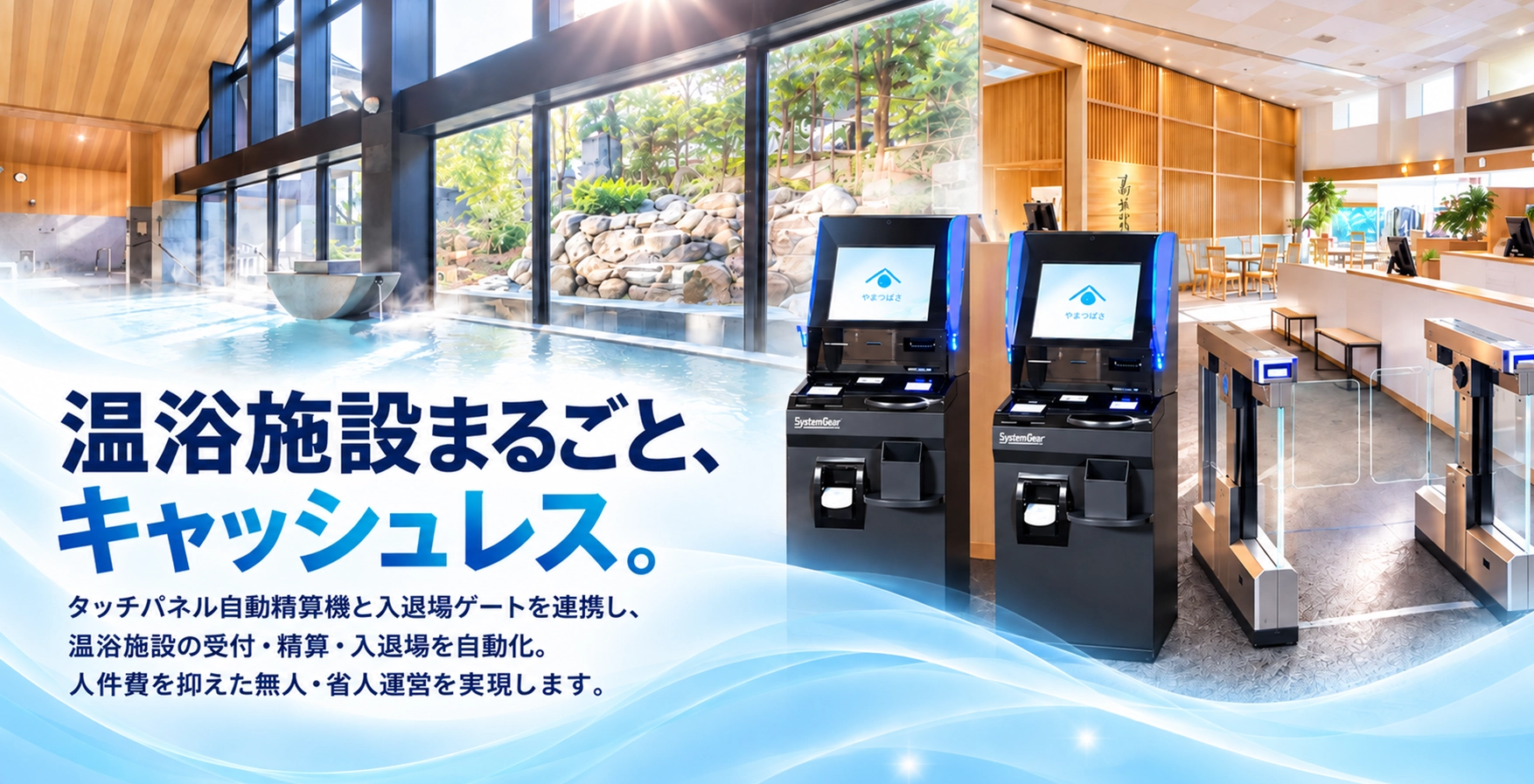 温浴施設の受付を無人化する温浴管理システム。キャッシュレス決済・タッチパネル券売機・入退場ゲートを一体化し、人件費削減と無人・省人化を実現 エルコムジャパン